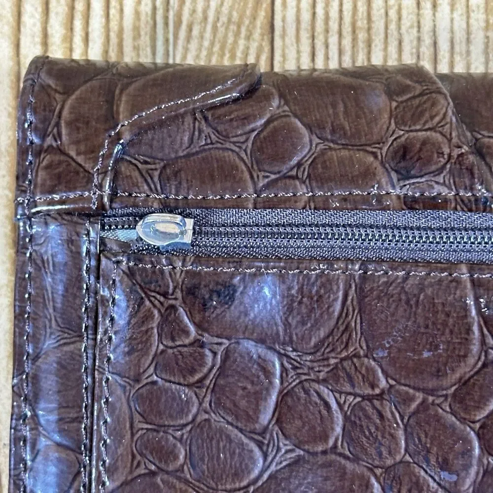 Guess Trifold Wallet Embossed Faux Crocodile‎ Leather Brown Organizer